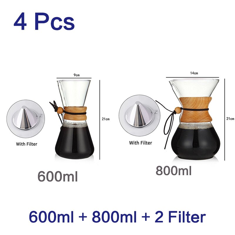 400ml 600ml 800ml Espresso Coffe Machine tea water Pot set Stainless Steel Filter Pot Resistant Glass Maker Coffee Pot: 600ml-800ml set