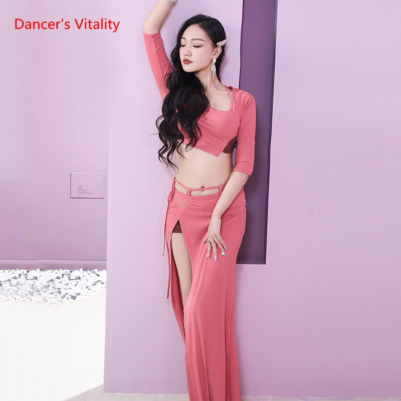 Ensemble de danse du ventre pour femmes, tenue de danse orientale, demi manches, haut + longue jupe fendue, 2 pièces