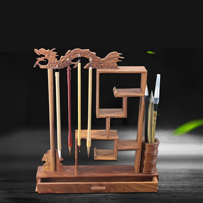 Unieke Solid Wenge Hout Schrijven Borstel Houder 12 Hangers Kalligrafie Penhouder Studie Schat Traditionele Schilderen Borstel Rack