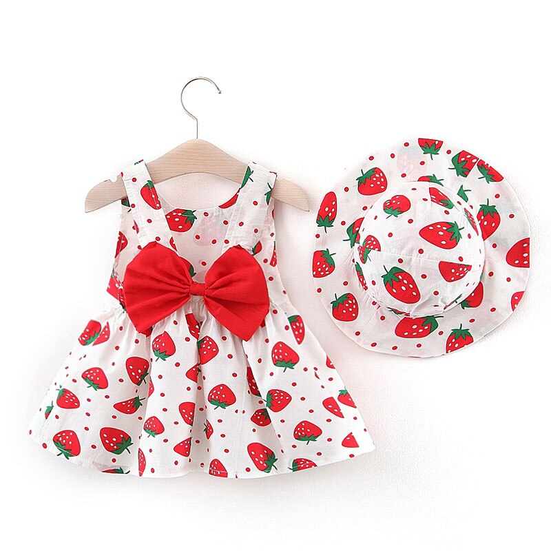 Vestido de verano de fresa con sombrero para bebé, con lazo grande, línea A, ropa de verano para niña, Vestido de playa infantil para bebés: Red set / 12 meses