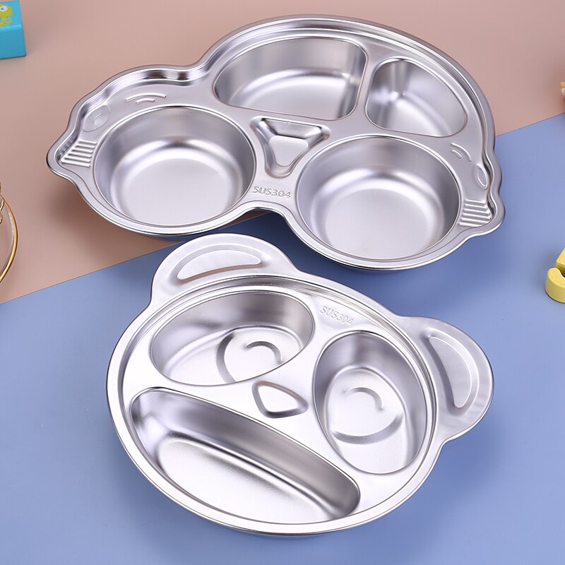 Children's Plate Cute Bus Bear Stainless Steel Grid Plate Kids Breakfast Dinner Dinnerware Baby Food Feeding Dishes Tray