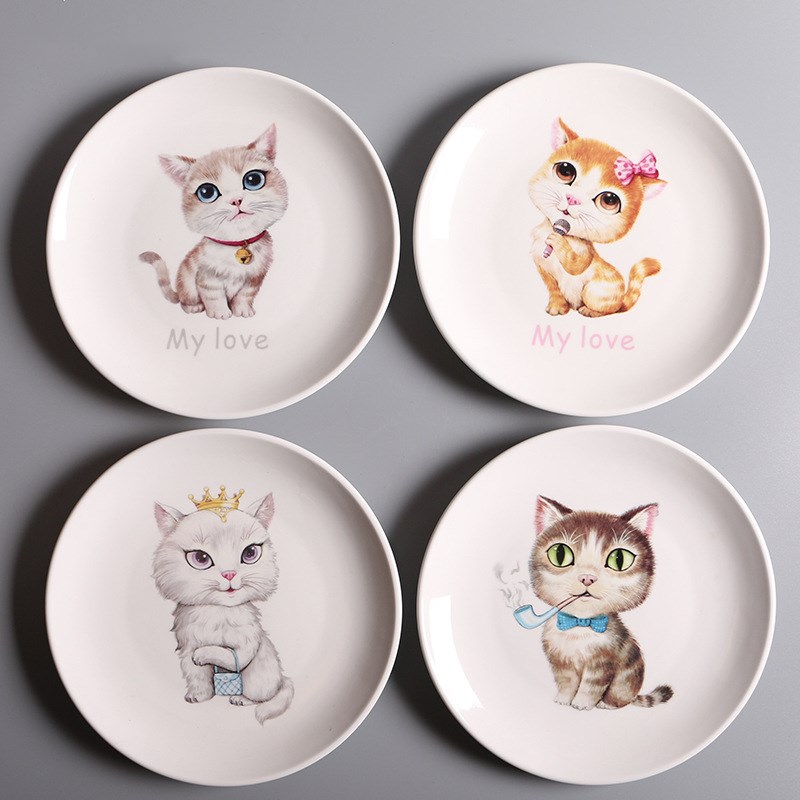 Assiette dessin animé motif chat assiette en céramique 8 pouces plat blanc impression plaque moderne maison vaisselle bonbons plateau hambourg assiette