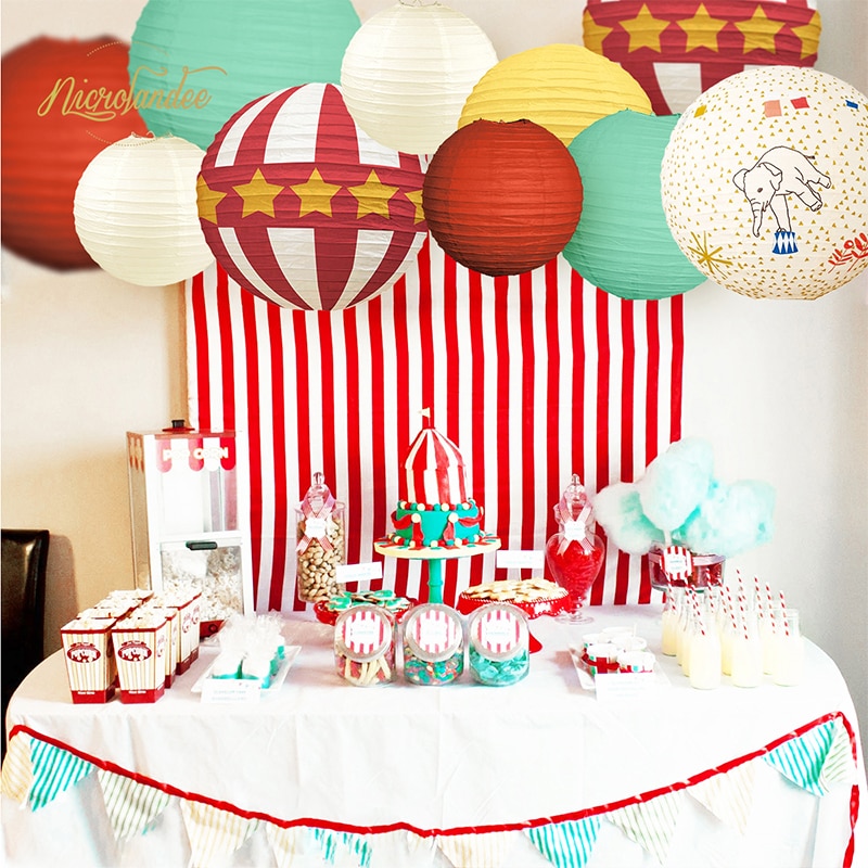 Décorations de fête cirque NICROLANDEE 10 pièces | Décor bricolage pour fête prénatale anniversaire enfant carnaval, lanternes en papier rouge blanc