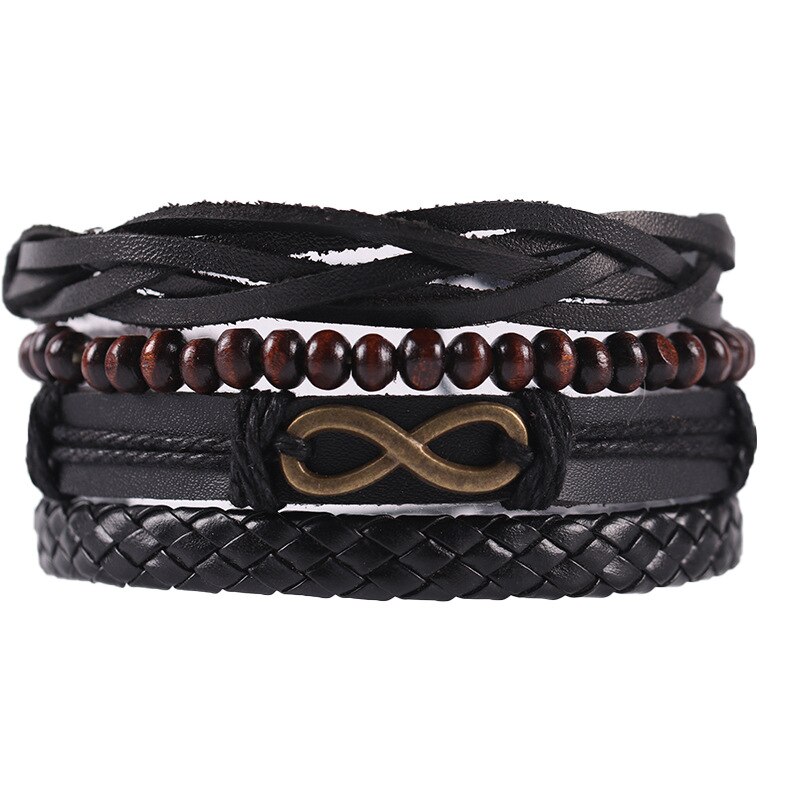 KaiMin 4pcs/ set Adjustable Leather Bracelets for Men Braided PU Black Brown Bangle Life Tree Leaf Rudder Charm Bracelet: JW8034-4