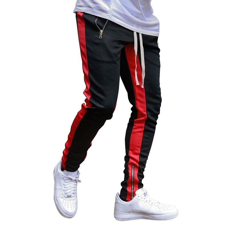 Herre joggers lynlås afslappede bukser fitness sportstøj træningsdragt underdele skinny sweatpants bukser sorte fitness gym jogger joggers: M / Sort og rød
