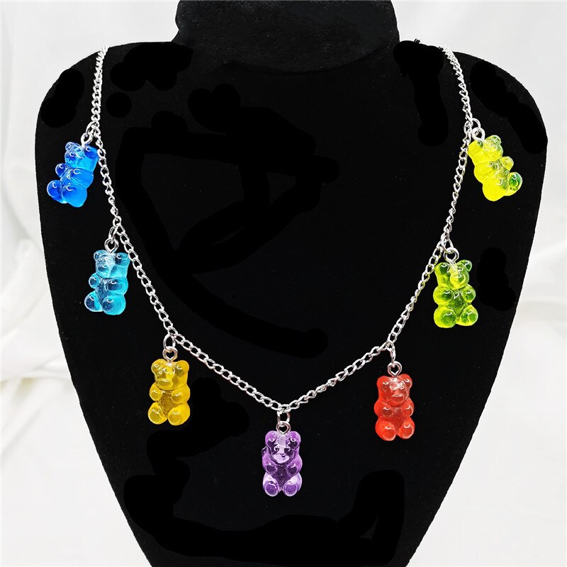 7 Colors Rainbow Pride Cute Jelly Bear Gummy Necklaces for Women Girls Cool Punk Hip Hop Resin Necklaces Accessories