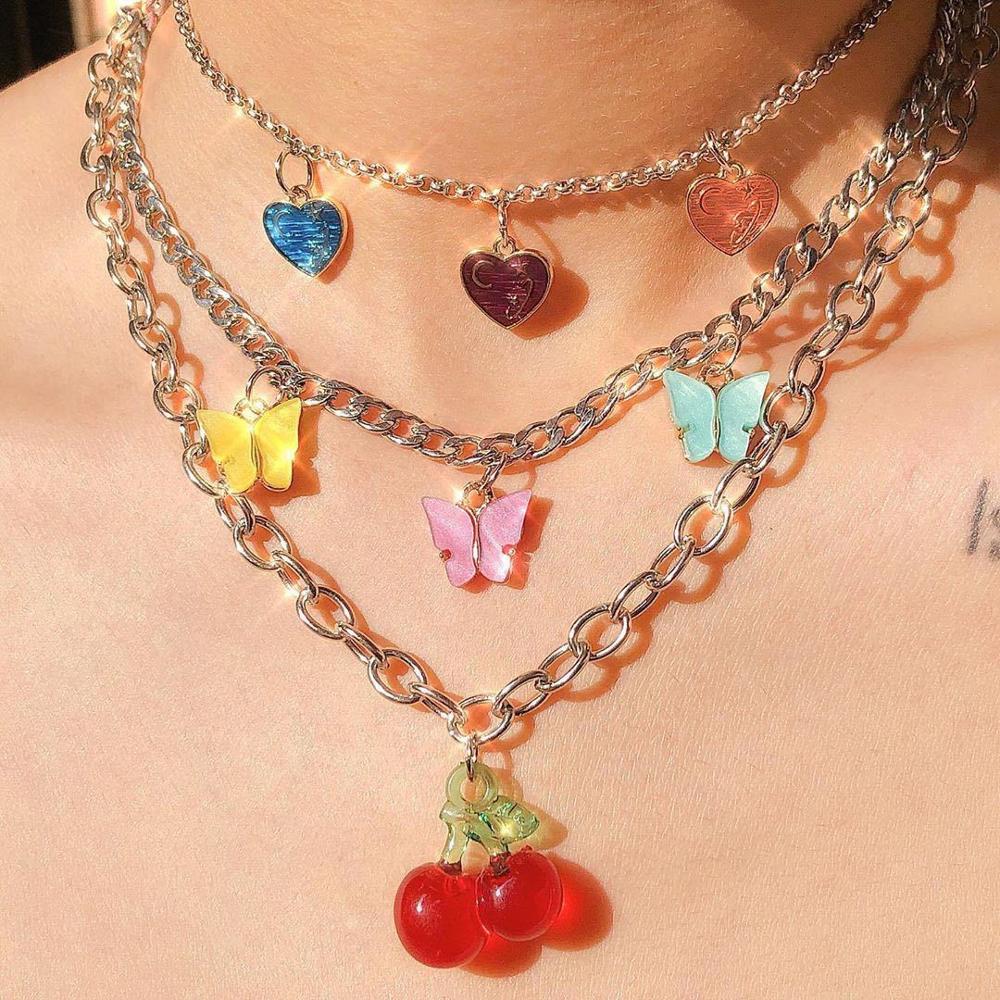 Bling Butterfly Heart Choker Necklaces Stainless Steel Chain Cute Pendant Cherry for Women Necklace Colorful Party