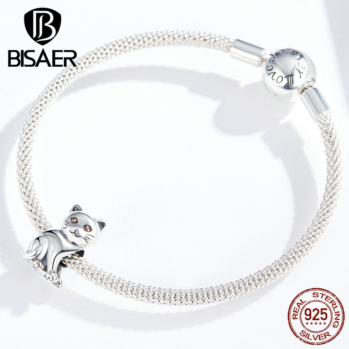 Breloques animaux BISAER 925 argent Sterling chat chatte chaton perles breloques ajustement bracelets porte-bonheur argent 925 bijoux ECC1305