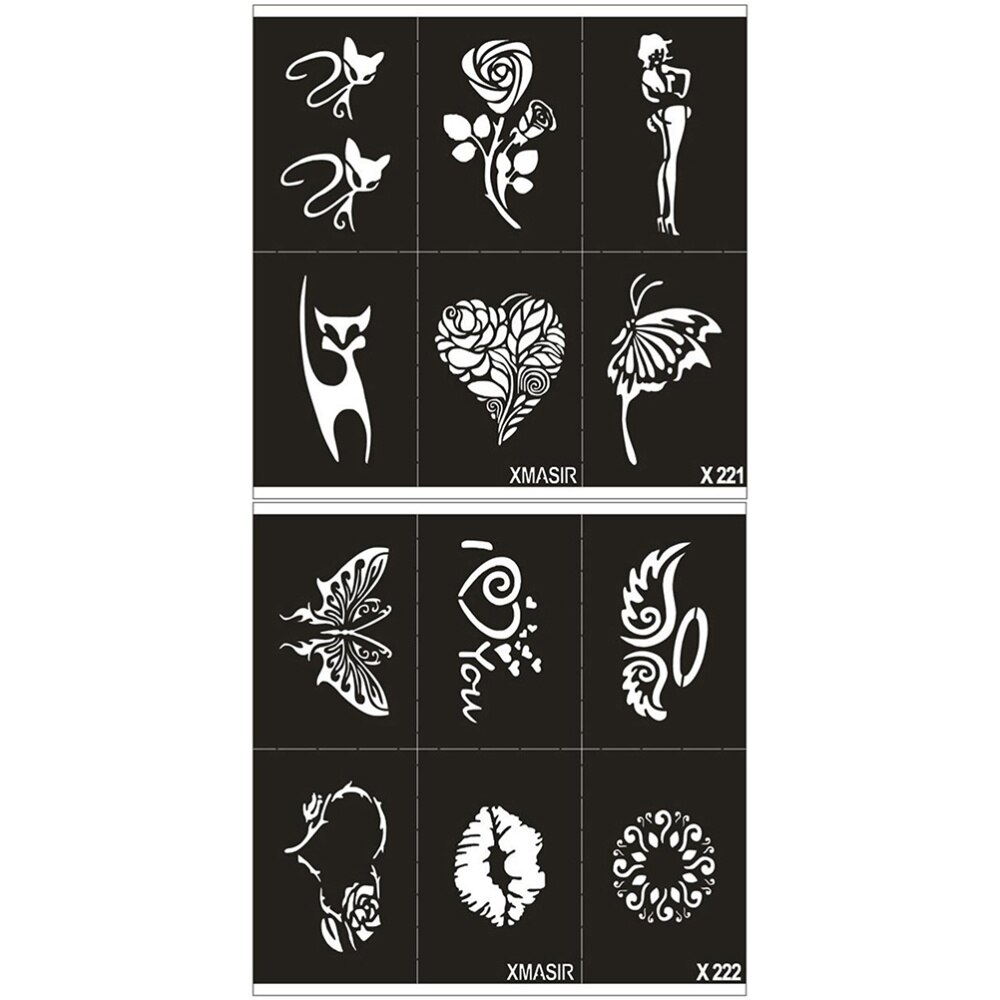 2 hojas de plantillas, tarjetas de tatuaje de , moldes de pintura, plantillas de tatuajes para tienda, hogar