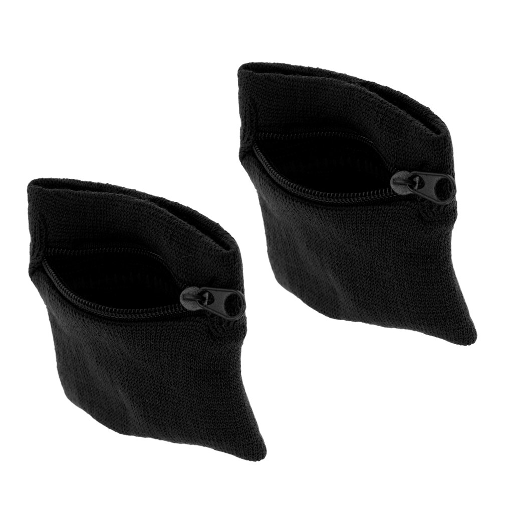 2 Stuks Sport Polsbandjes Zweetband Portemonnee Rits Pocket-Zwart