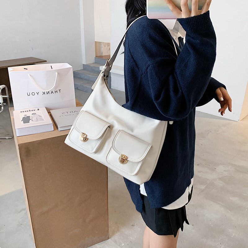 Bolso blanco Hobos de de para mujer, Cartera de mano de piel de Color sólido con múltiples bolsillos, bolso de hombro a la de media luna,