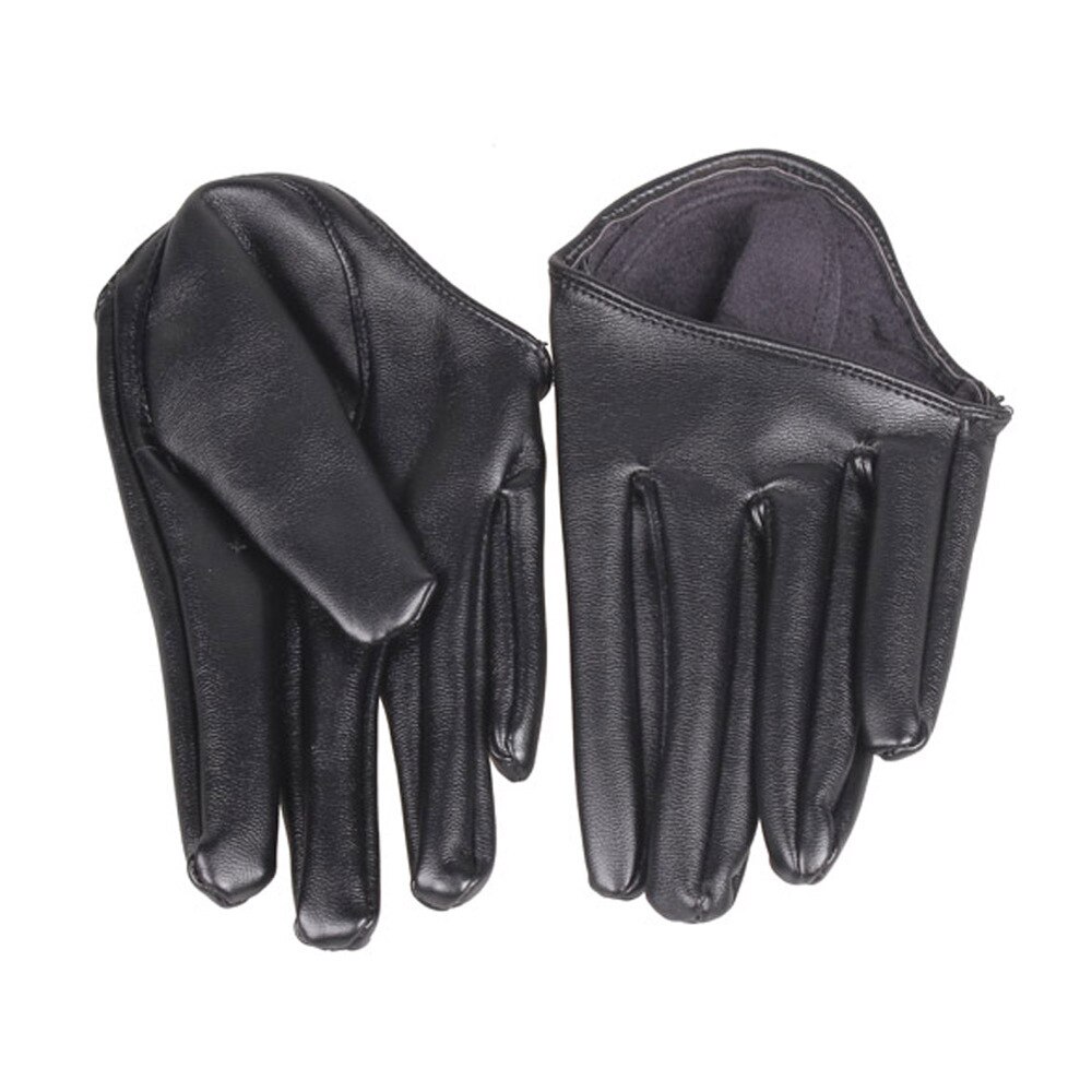 Woman Tight Half Palm Gloves Imitation Leather Five Finger Mittens Vivid Color: Black
