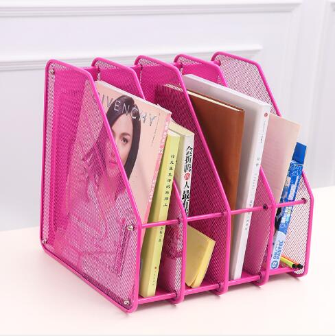XRHYY Heavy Duty 4 Compartment Metal Mesh Office Desktop Document &amp; File Organizer Rack Magazine Holder For School Office Supply: Hot-Pink