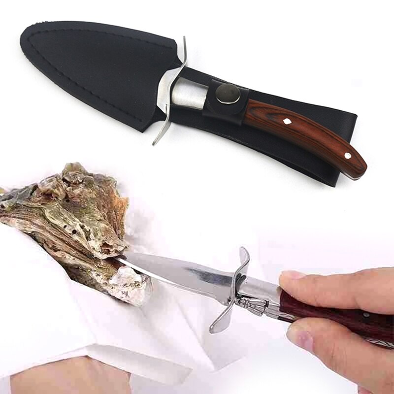 Holz Griff Auster Messer Öffner Edelstahl Jakobsmuschel Hülse Shucking Cutter mit Leder fallen Für Meeresfrüchte Öffner Werkzeuge