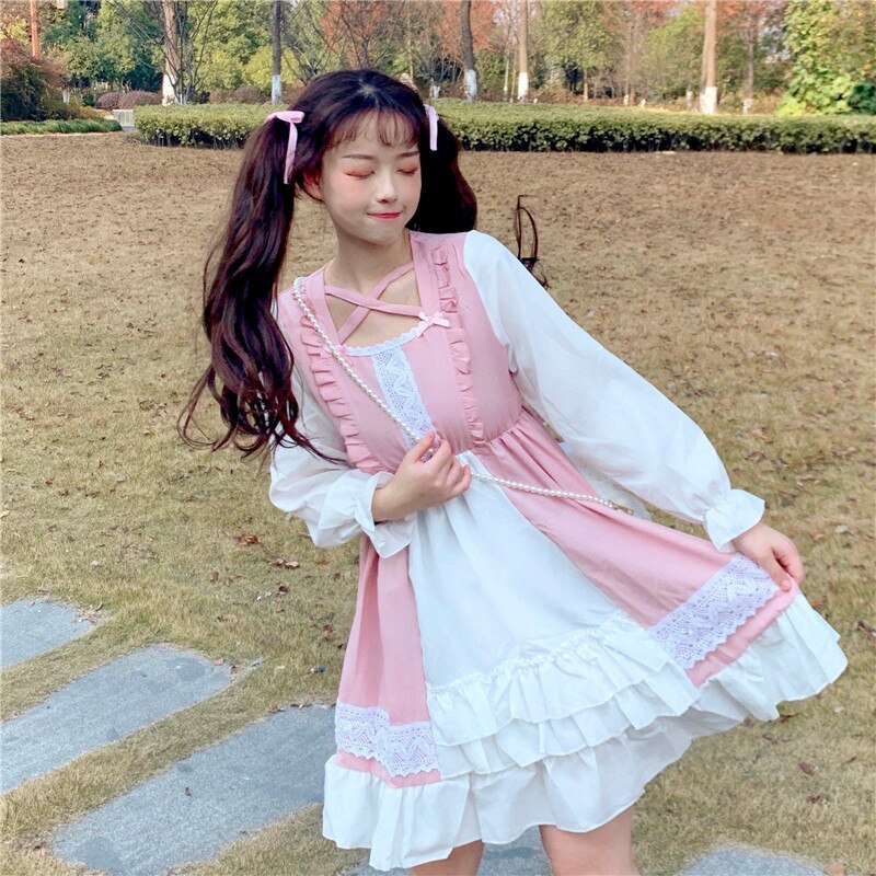 Kawaii lolita jurk dames lange mouw zwart/roze kostuums japanse zoete lolita outfit gothic meid jurk cosplay uniform  vo738
