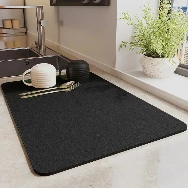 Kaffemåtte superabsorberende drænmåtte til kaffeopvask, hurtigttørrende, absorberende måtte til badeværelsesservice, pletbelægning, gummibelagt: L / Sort
