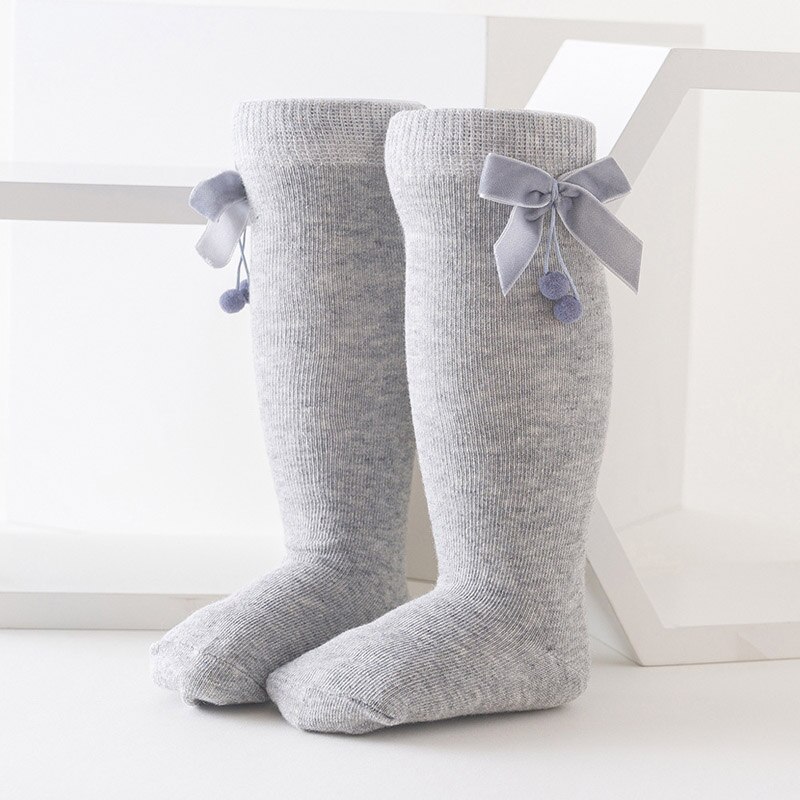 Efterår vinter varm baby sokker søde bowknot børn børn pige knæhøje sokker ensfarvet blød bomuld spædbarn toddler lange sokker: Grå