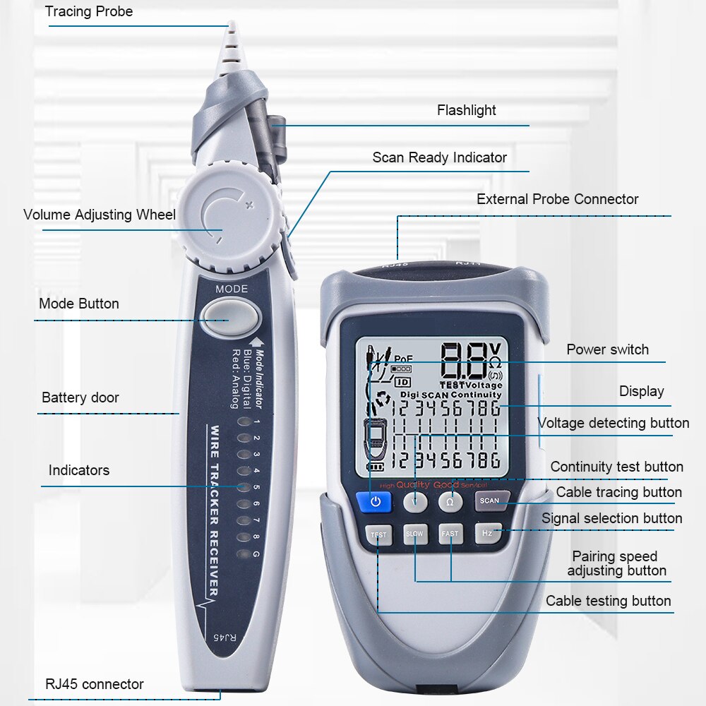 Network Cable Tester LCD Digital Wire Trackers Continuity Battery Voltage Polarity Checking POE Test Multi-function Cable Tester