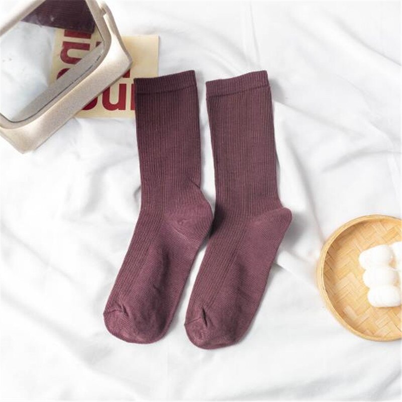 Women Japanese Korea High School Girls High Socks Loose Solid Colors Double Needles Knitting Cotton Long Socks: WZ020-11