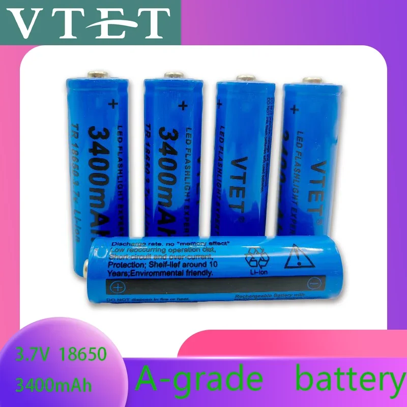 18650 3.7V 3400mAh Rechargeable Battery for Flashlight, Lithium ion Battery, Toy and Home Appliances A-grade battery