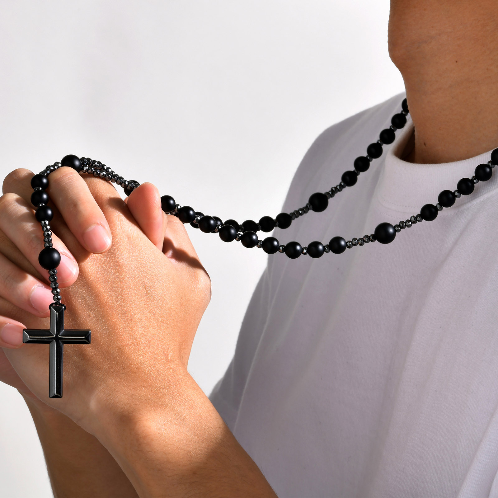 Zwarte Kralen Kruis Rozenkrans Kettingen Voor Mannen, Mannelijke Power Balance Hematiet Ketting, Religieuze Faith Gebed Sieraden