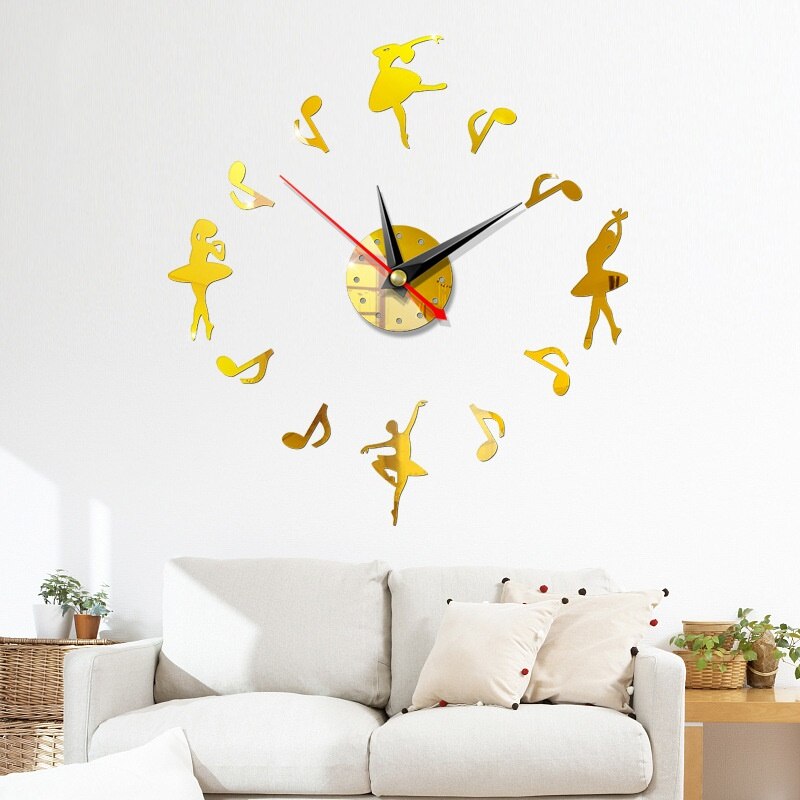 Reloj de pared grande DIY 3D, moderno, decoración para sala de estar, relojes, pegatinas de espejo acrílico, reloj de pared silencioso, estilo de música y baile: Dorado