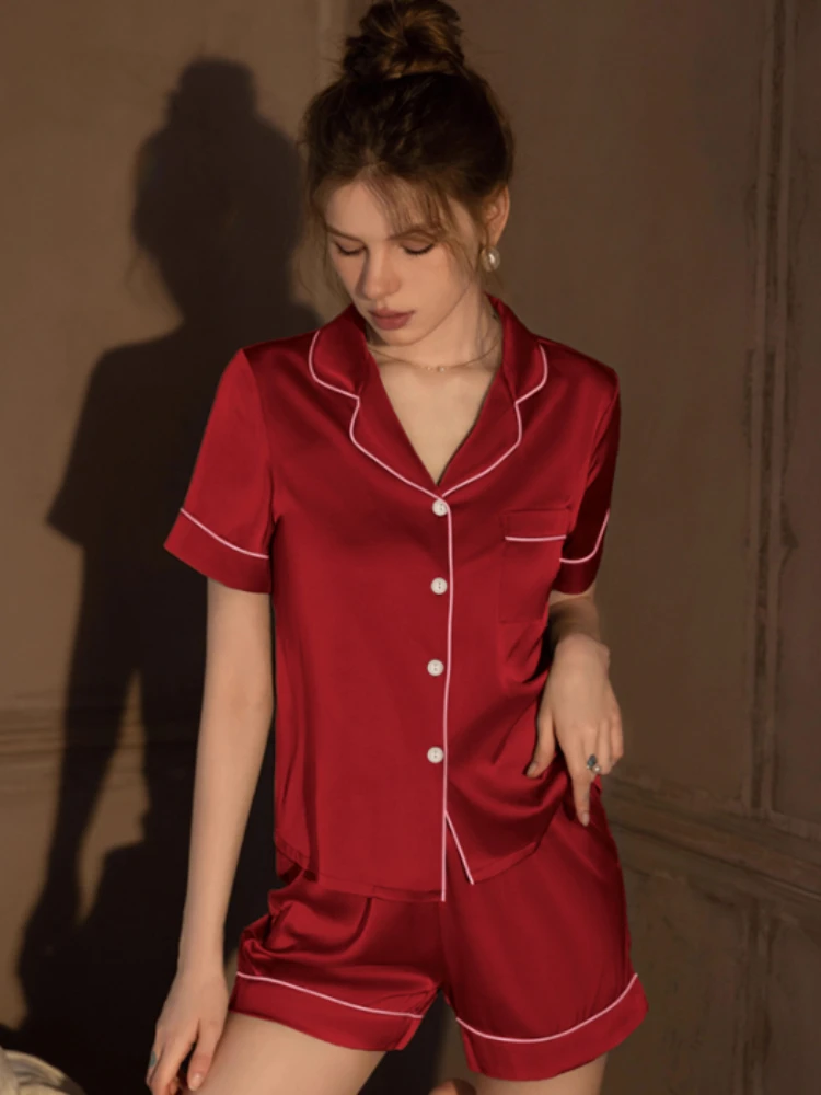 Summer Blue Women's Pajama Set Faux Stain Sleepwear V-neck Pyjama Button Top Shorts Slim 2-piece Female Nightgown Loungewear