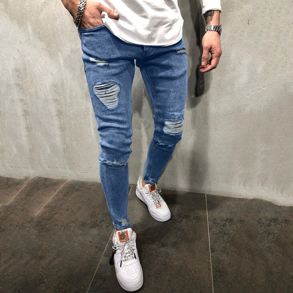 Jeans Mannen Stijlvolle Ripped Jeans Broek Biker Skinny Slim Straight Gerafeld Denim Broek Mode Skinny Jeans Mannen Broek