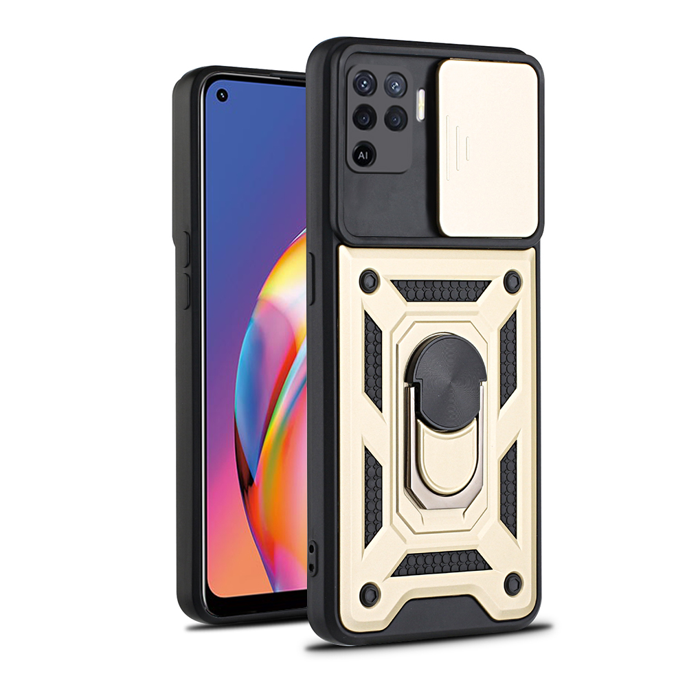 Armor metal case for oppo reno 5 lite 5 6 5g f-ringhållare med stativ fodral för reno 4 reno 4 lite 5f push-pull-skal: Duk / Brun