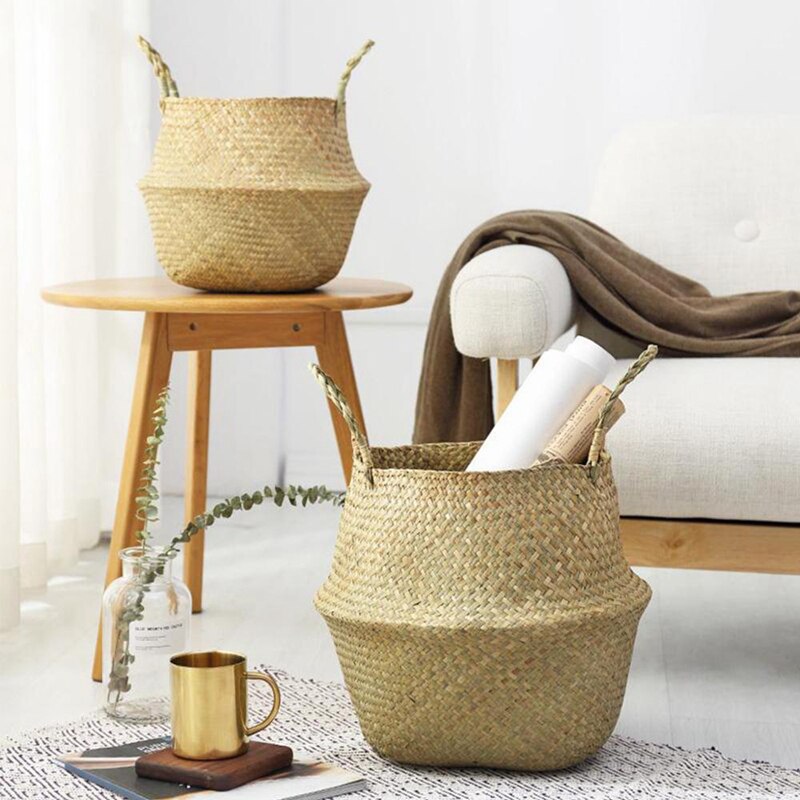 LuanQI Seagrass Wicker Work Rattan Storage Basket Planting Flower Pot Folding Clothes Laundry Basket Home Garden Belly Mimbre