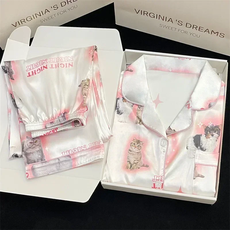 Kawaii jovem menina pjs cetim homewear longo curto moda pijama bonito gato impressão verão novo pijama fino para mulher seda casa conjunto