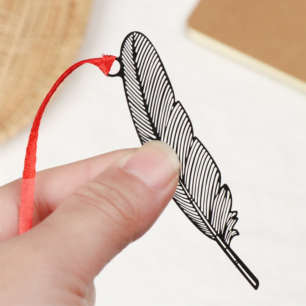 Beautiful Hollow Metal Bookmark With Red Strap Students Stationery Chinese Style Black Leaf Butterfly Feather Book Markers