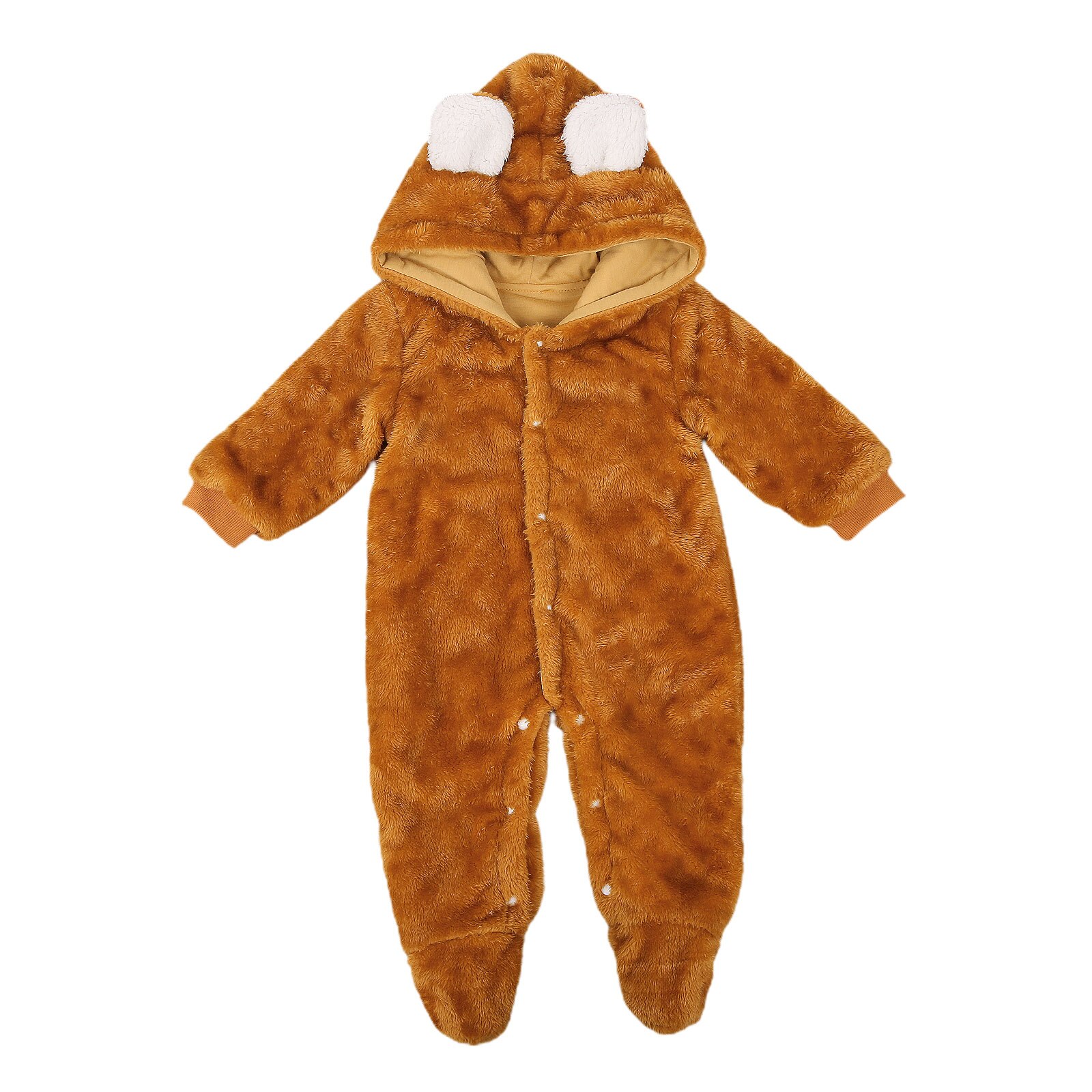 Baby Jongen Meisje Winter Romper Lange Mouw Herfst Verse Pluche Effen Kleur 3D Oren Hooded Een Stuk Lange Broek: Bruin / 12m