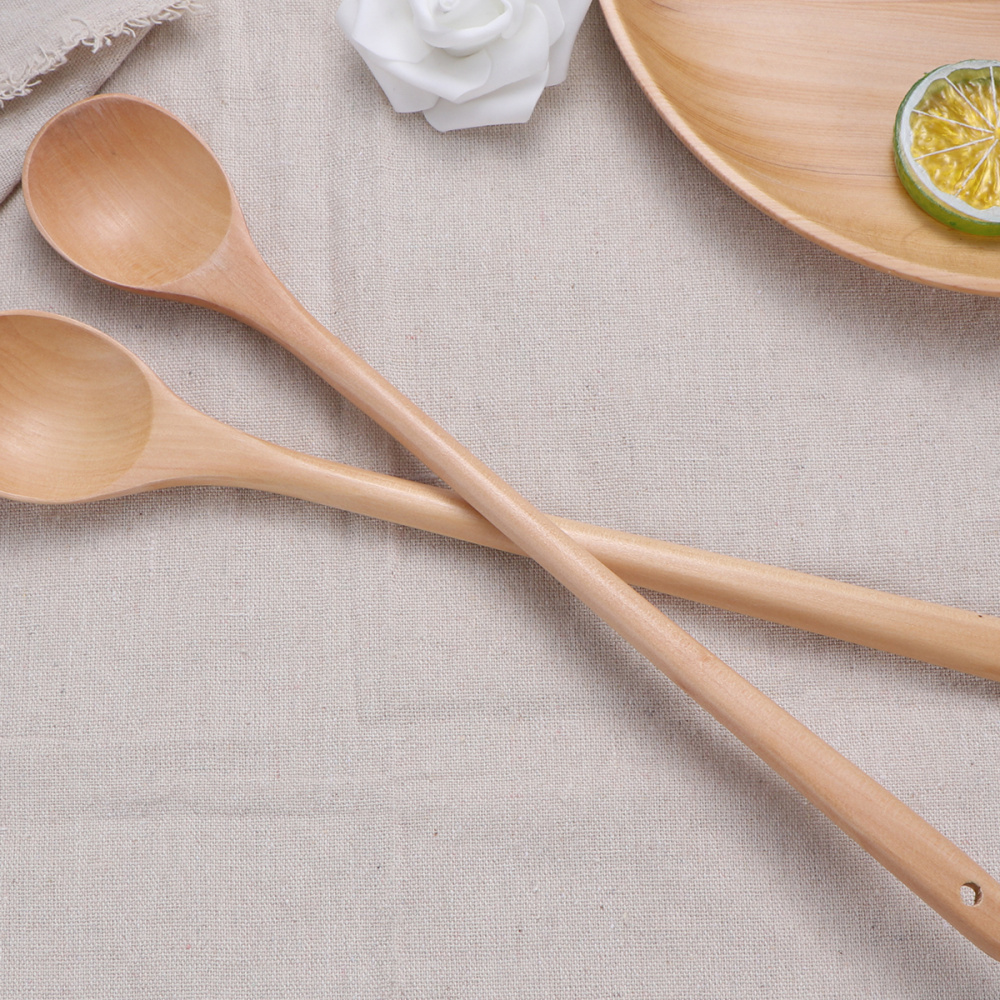 2pcs Long Handle Wooden Stirring Spoons Jam Spoon Kitchen Cooking Utensils