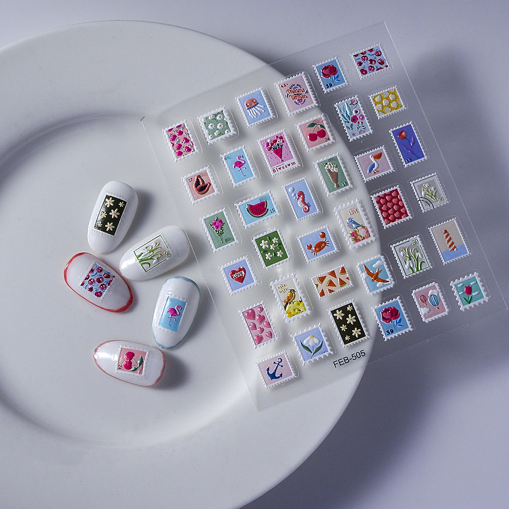 Autocollant pour ongles, de timbres post-poste, curseur adhésif, fournitures de décoration texturées gravées, FEB-505