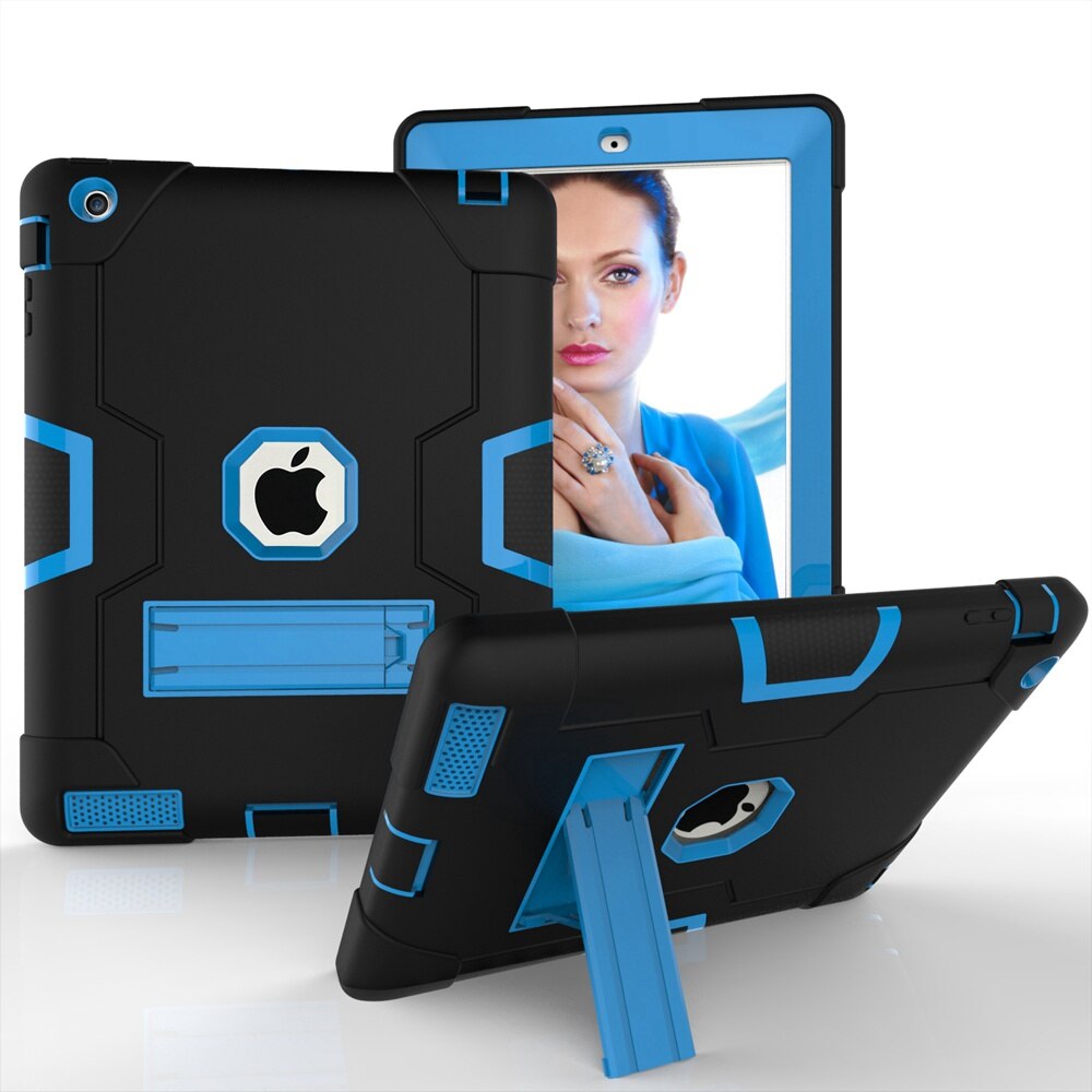 For Apple iPad 2 3 4 A1458 A1459 A1460 A1416 A1397 Case Shockproof Kids Safe PC Silicon Hybrid Stand Full Body Tablet Cover: Black - Blue