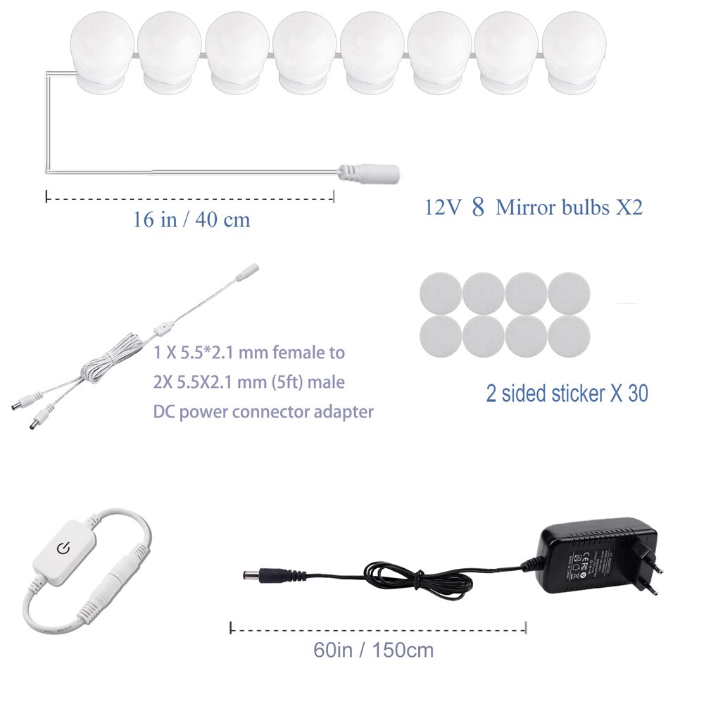 Lumière LED pour miroir de maquillage, ampoule 14/16 pour coiffeuse, lampe de vanité Hollywood, variable en continu avec adaptateur de prise