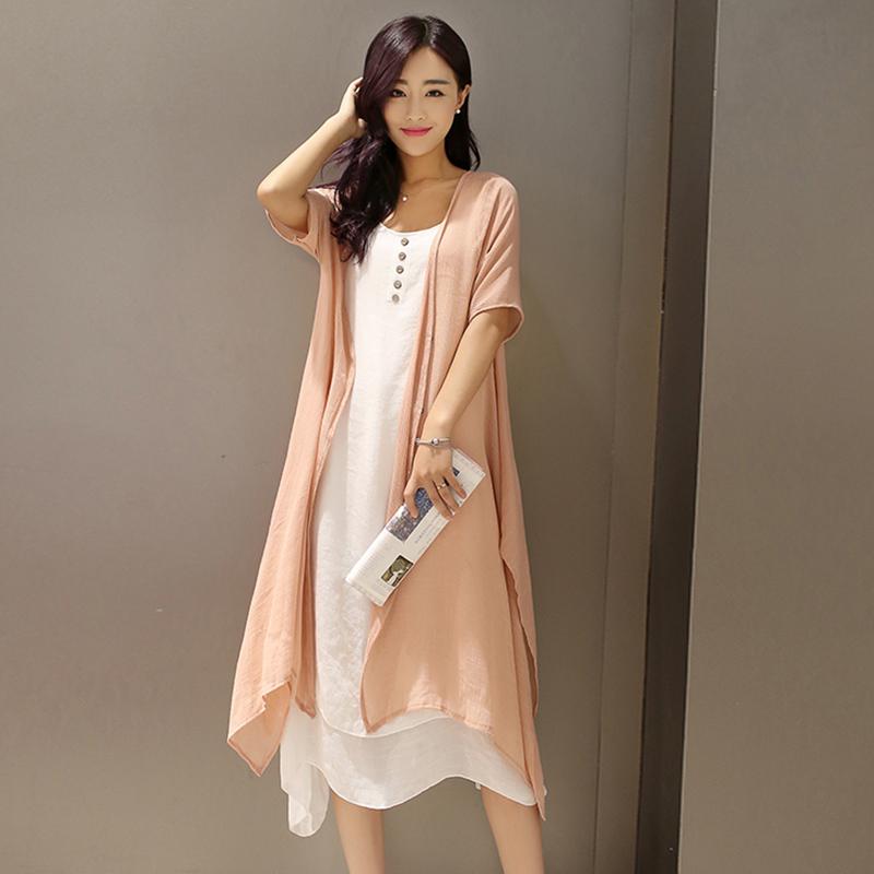 Yfashion Women Dresses Spring Summer Retro Linen Dress Summer Sleeveless Buttons Dress+Thin Coat Set Women Two Piece Set