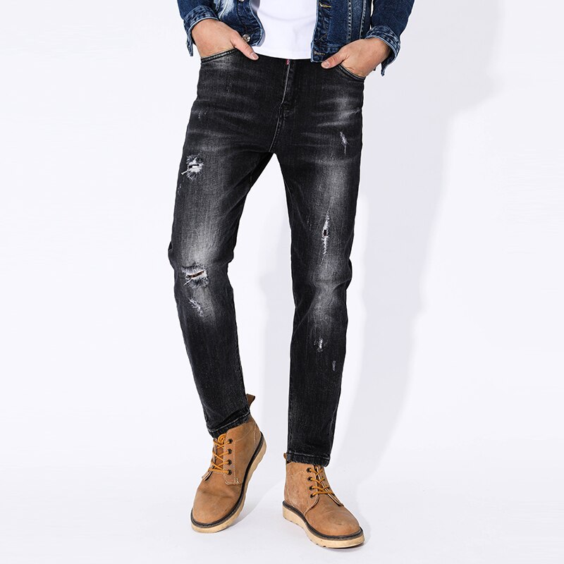 Zwarte heren jeans gescheurde gescheurde jeans voor heren bedrukte skinny stretch strakke broek lange broek geschilderd hiphop herfst winter
