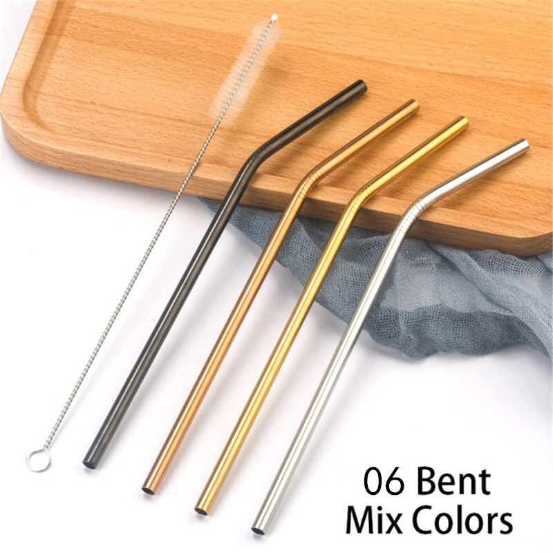 Stainless steel straight/elbow straw portable set reusable straw and straw cleaning brush silver/gold/rose gold/black/rainbow: 6