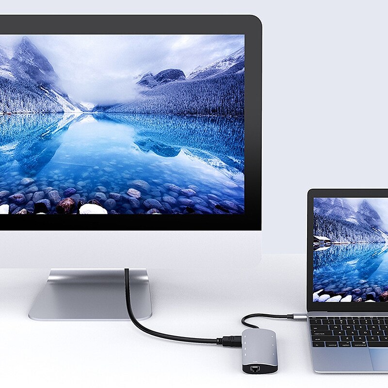 Type-C8 em 1 docking station, TYPE-C para pd + nic + tf/sd + 3 x usb3.0 + conversor de interface hdmi