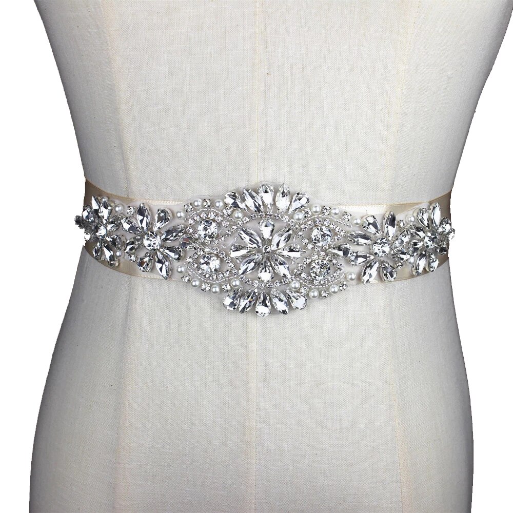 Silver handmade Rhinestone Applique Bridal Belt Crystal Wedding Sash Belt With beaded Pearl For Wedding Evening Dress up Prom