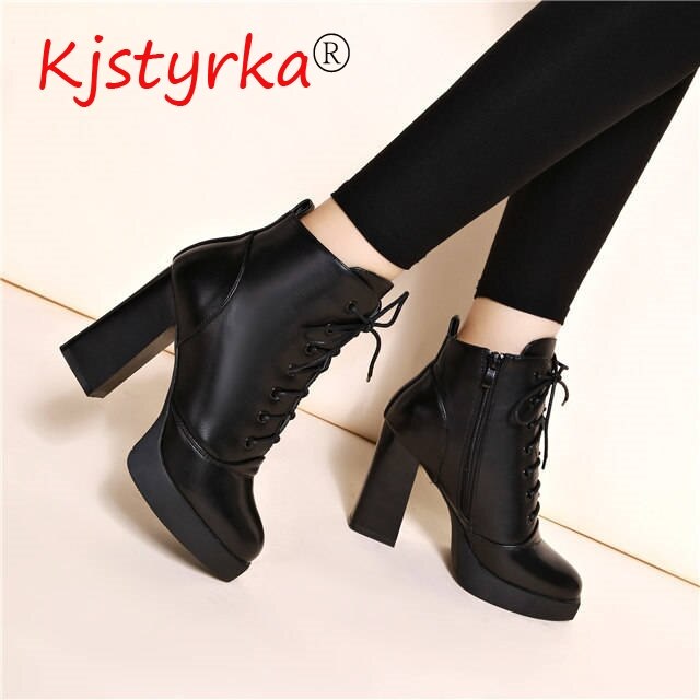 Ankle Boots For Women High Heels Short Boots Women Patent Leather Lace-up Red Black Shoes Lady Large size 40