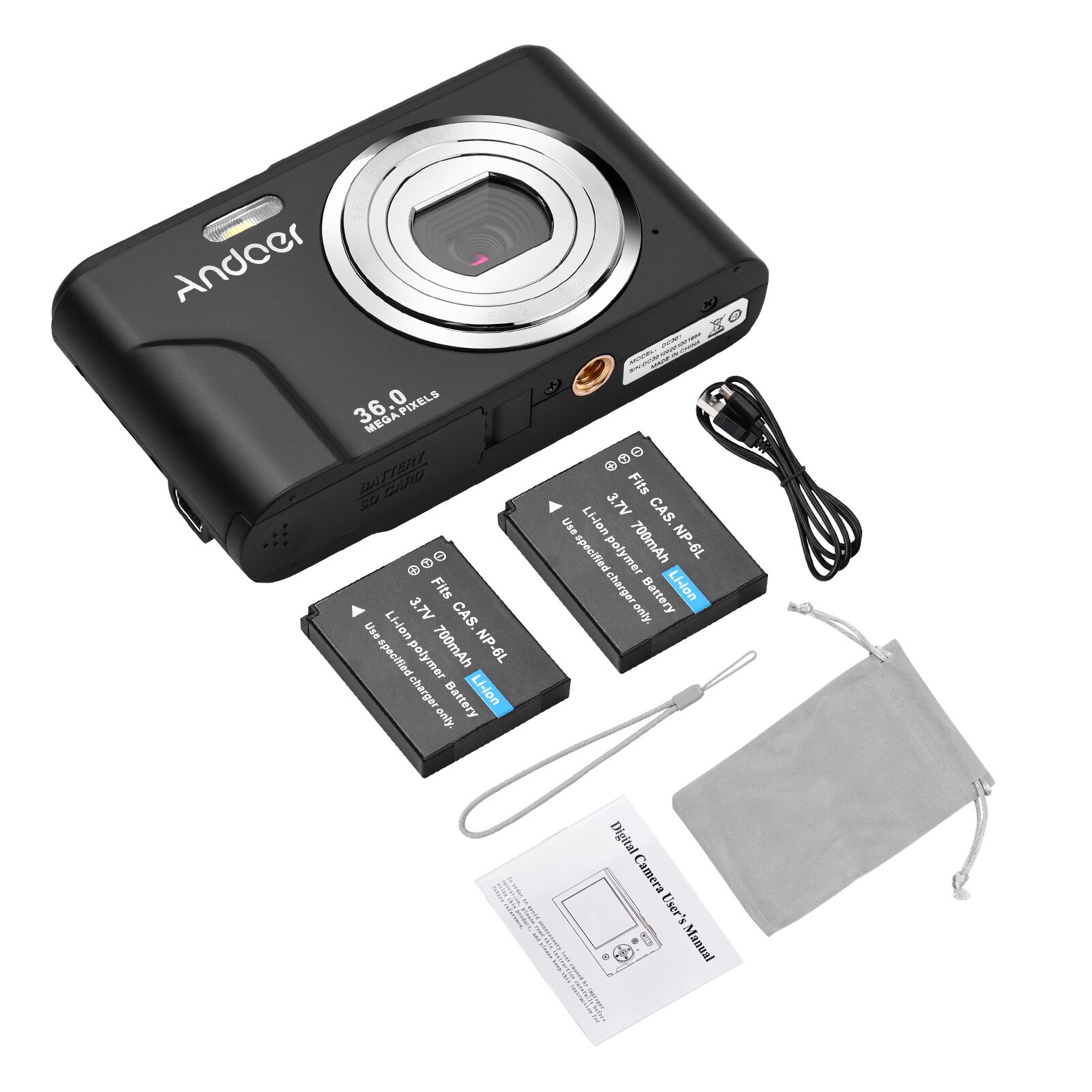 Andoer Digital Camera 36MP 1080P 2.4-inch IPS Screen 16X Zoom Self-Timer Face Detection Anti-shaking Built-in 2PCS Batteries: With 16GB TF Card