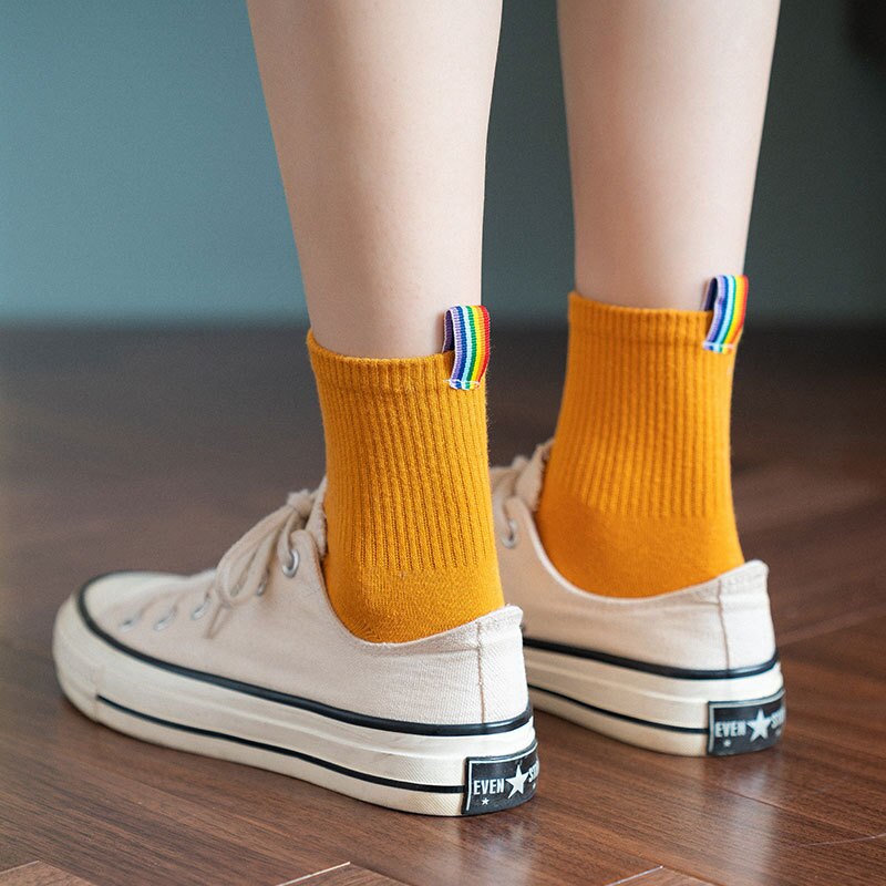 Harajuku damessokken dames calcetines witte regenboog lange sokken streetwear snoep effen kleur damessok kawaii skateboard