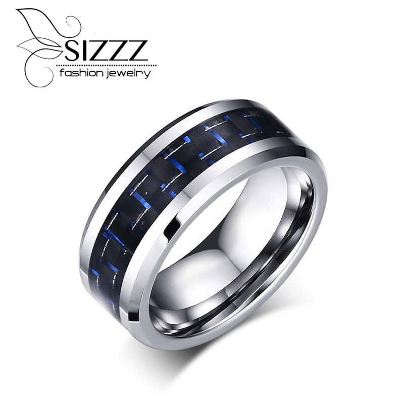 Sizzz Mens Tungsten Carbide Ring for Men Blue Carbon Cellulosic Women Wedding Rings Jewelry