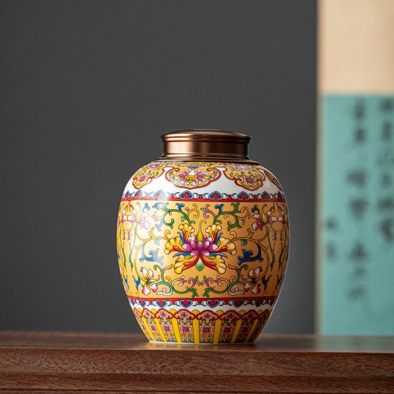 Flower Ceramic Tea Pot Sealed Storage Tank Desktop Decoration Crafts Household Large-capacity Storage Tank Container Home Decor: A
