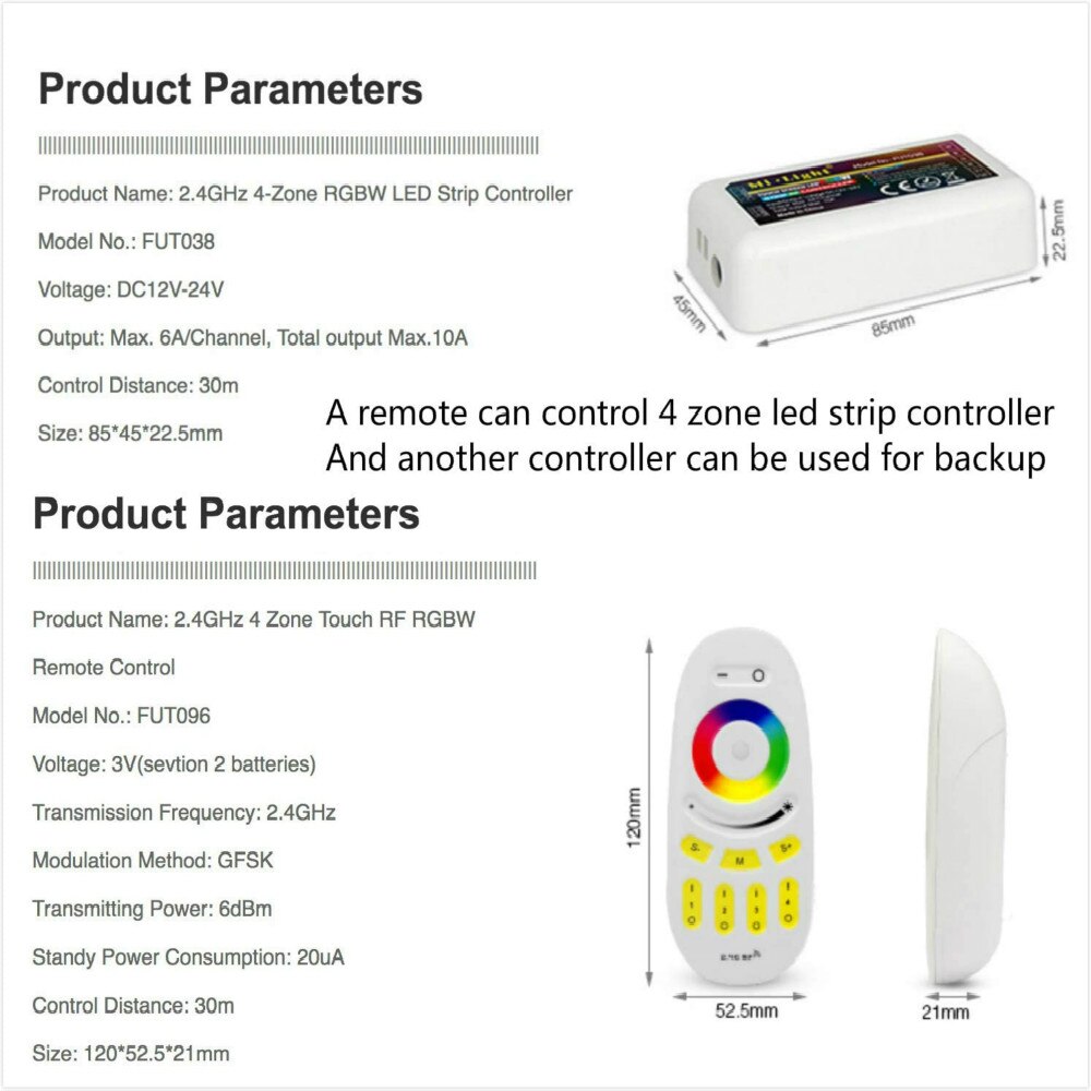 Mi.light RGBW LED Controller 12/24V FUT038+2.4G 4-Zone Wireless RF Touch Remote FUT096 For RGBWW RGBW Led Strip LED Controller