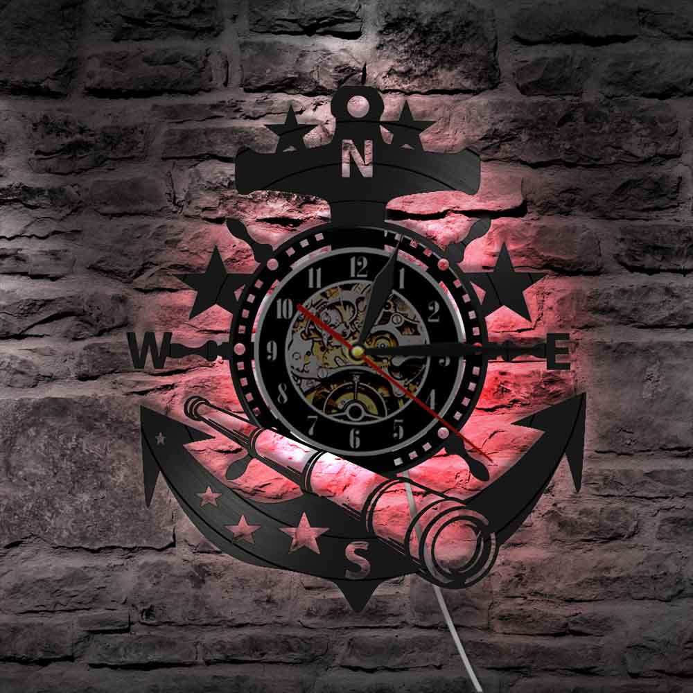 1 stück Anker Vinyl aufzeichnen Wanduhr Jahrgang Meer Marine Zauberstab Kunst Ozean Marine Zauberstab Poster Wanduhr Zeit Uhr Navigator