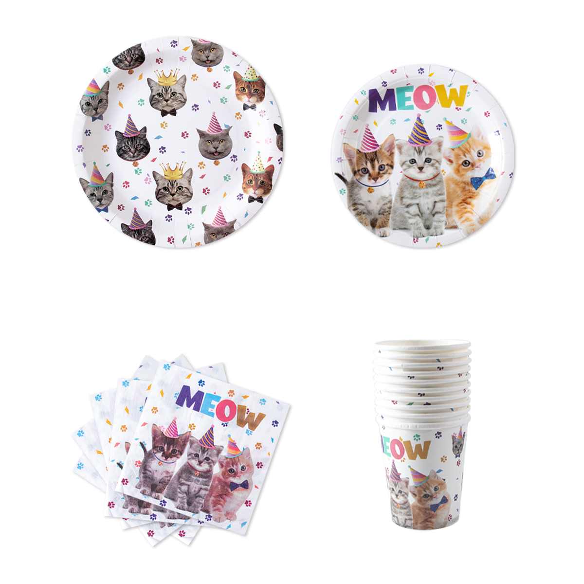 Decoración de de cumpleaños para gatos, pancarta de papel, plato, taza, adorno para pastel, juego de vajilla desechable, suministros para fiestas temáticas de gatos para niños